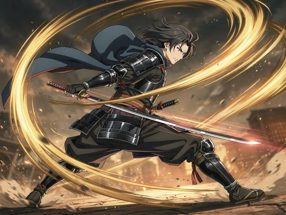 Samurai anime dengan jejak energi emas