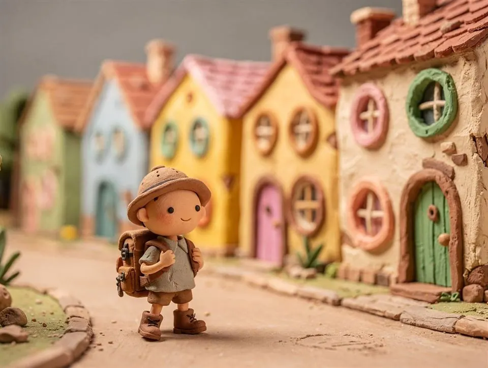 Desa claymation dengan penjelajah kecil